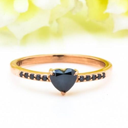 Heart Cut Black Diamond Ring, Natural Diamond 14K Rose Gold Engagement Ring