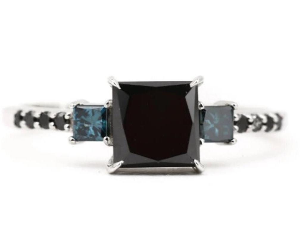 Princess Cut Black Diamond Ring, Natural Diamond 14K White Gold Anniversary Ring