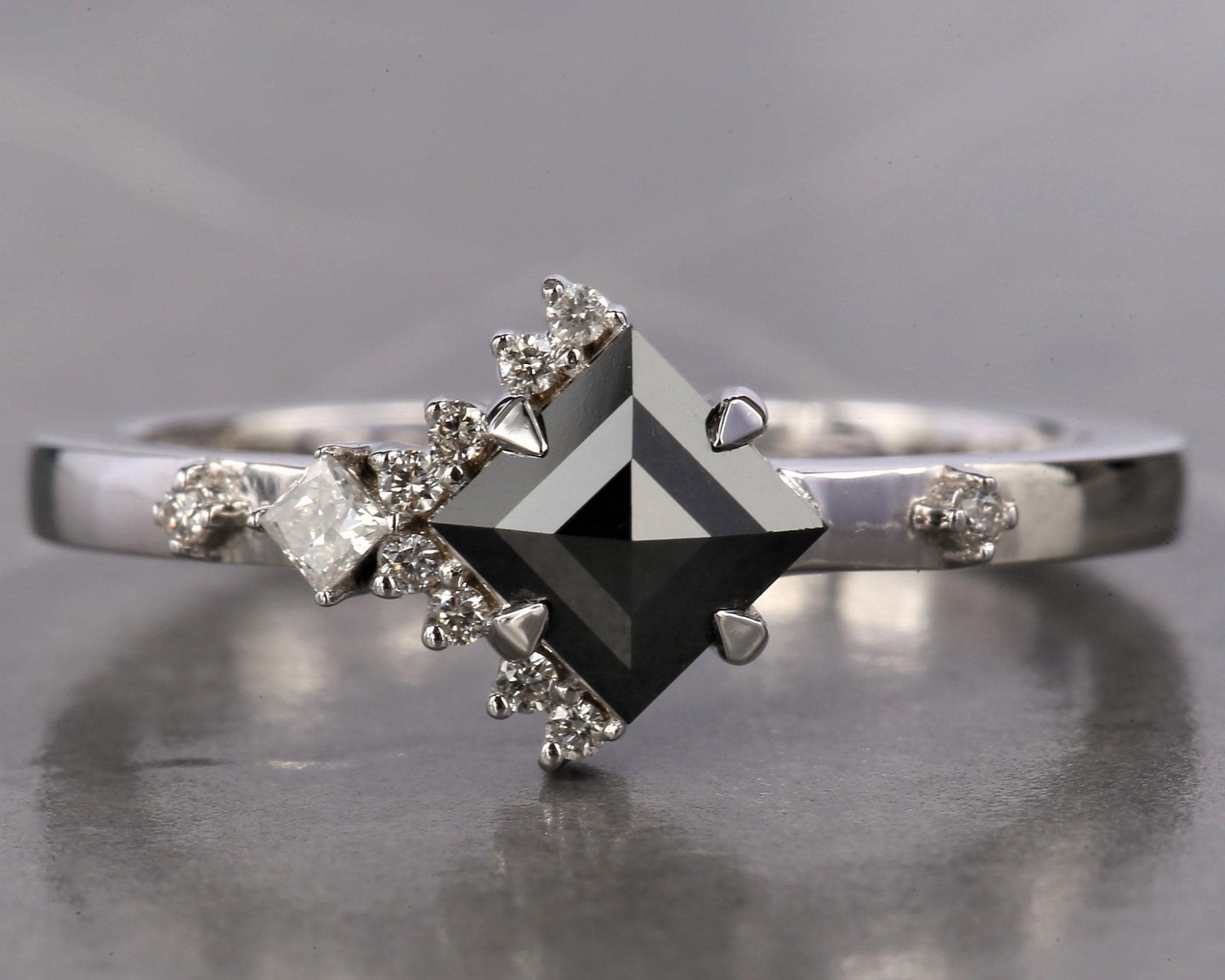 Square Cut Black Diamond Ring, Natural Diamond 14K White Gold Engagement Ring