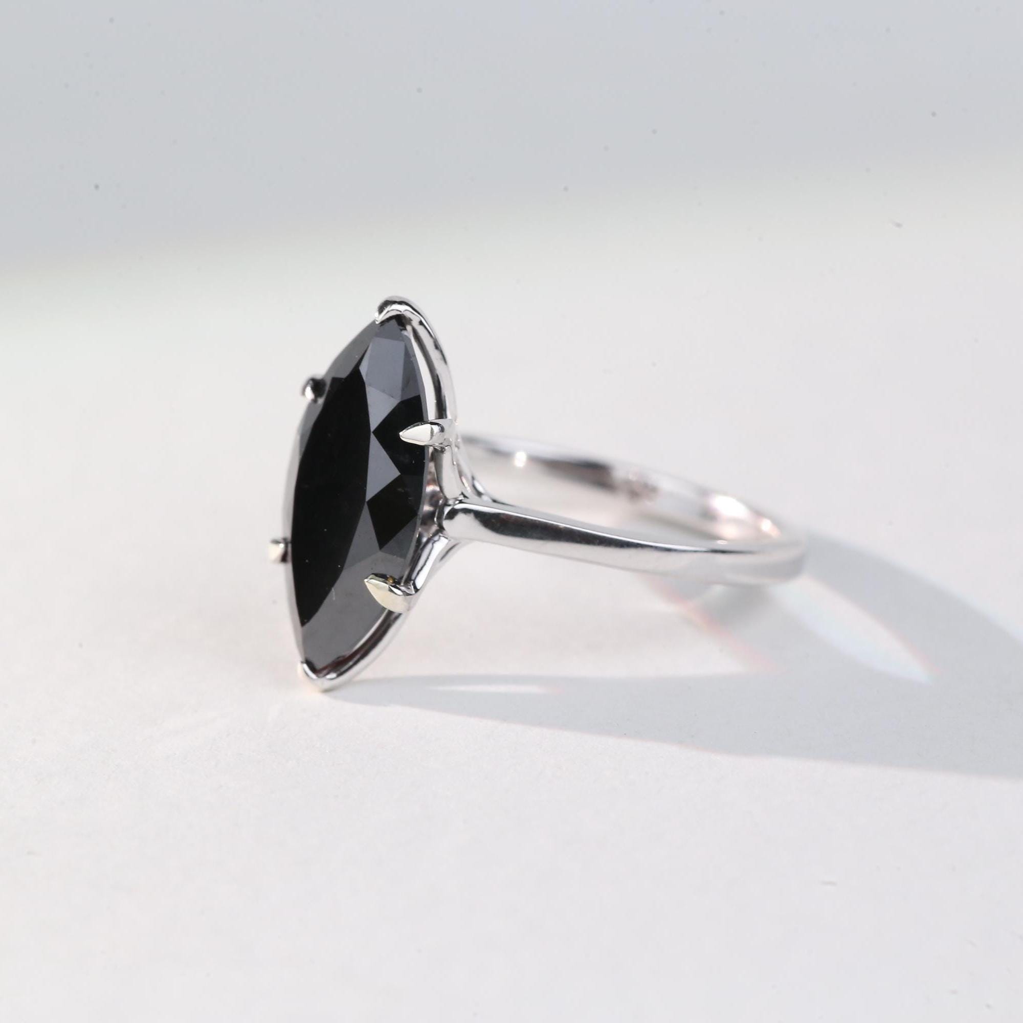 Marquise Cut Black Diamond Ring, Natural Diamond 14K White Gold Solitaire Wedding Ring