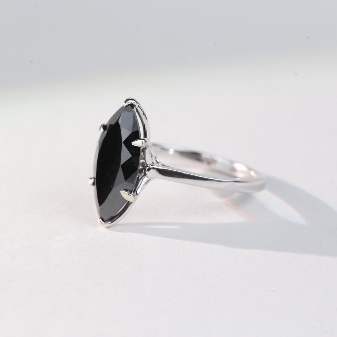 Marquise Cut Black Diamond Ring, Natural Diamond 14K White Gold Solitaire Wedding Ring