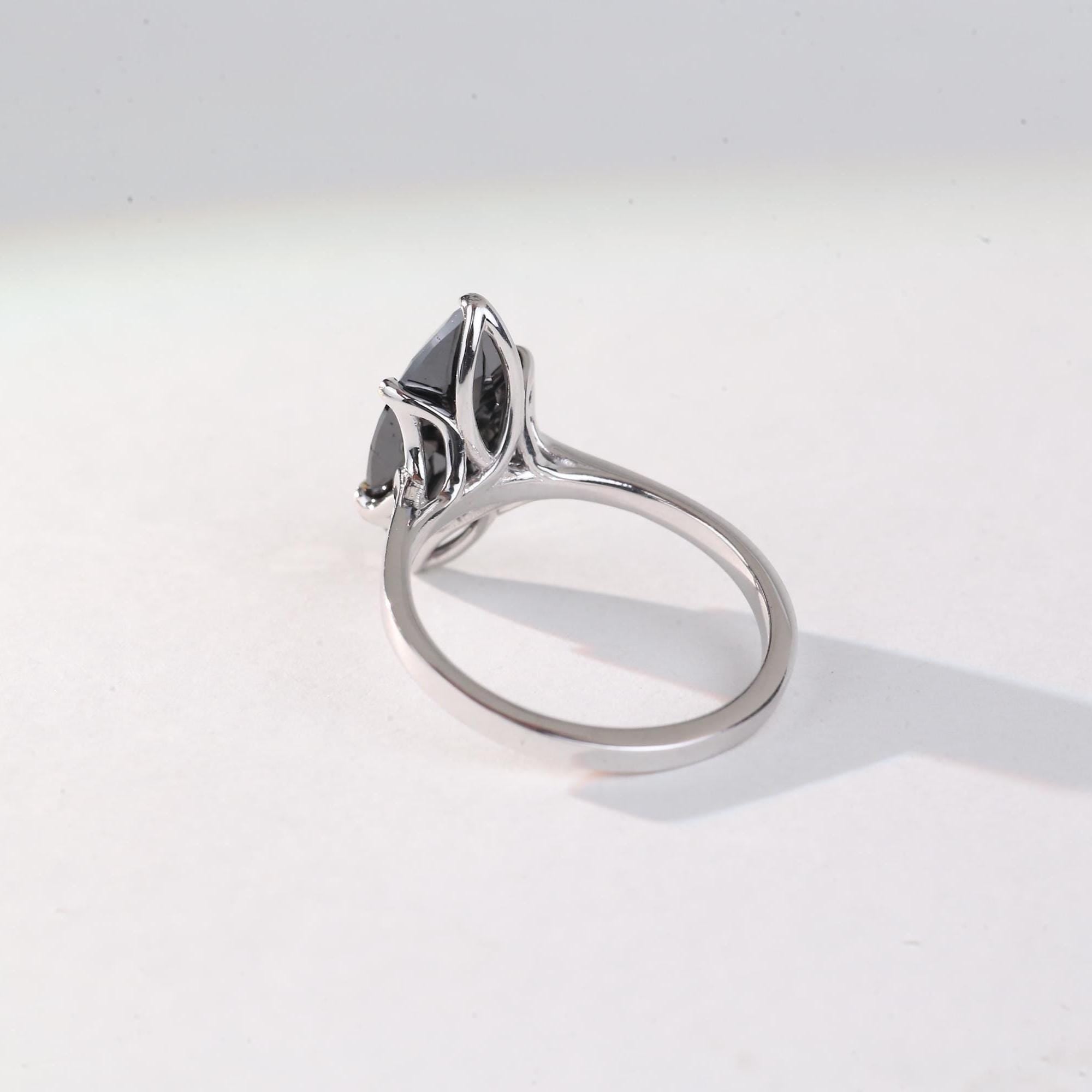 Marquise Cut Black Diamond Ring, Natural Diamond 14K White Gold Solitaire Wedding Ring