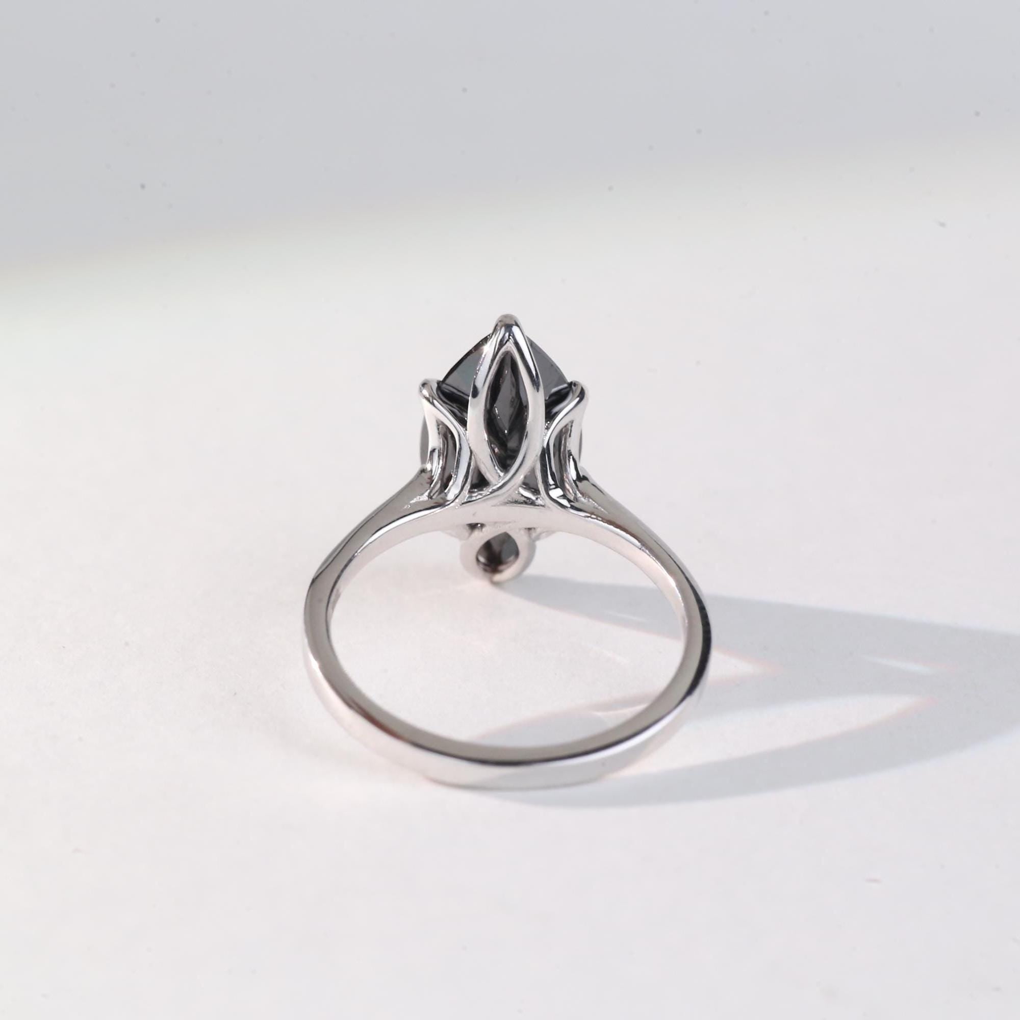 Marquise Cut Black Diamond Ring, Natural Diamond 14K White Gold Solitaire Wedding Ring