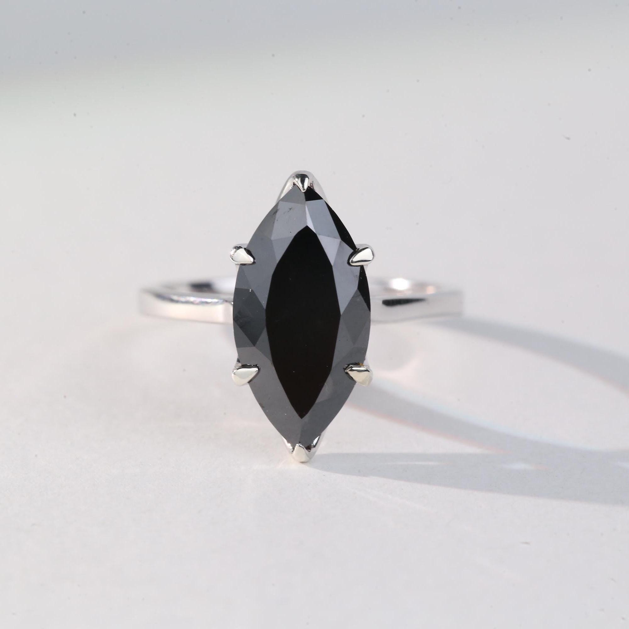 Marquise Cut Black Diamond Ring, Natural Diamond 14K White Gold Solitaire Wedding Ring