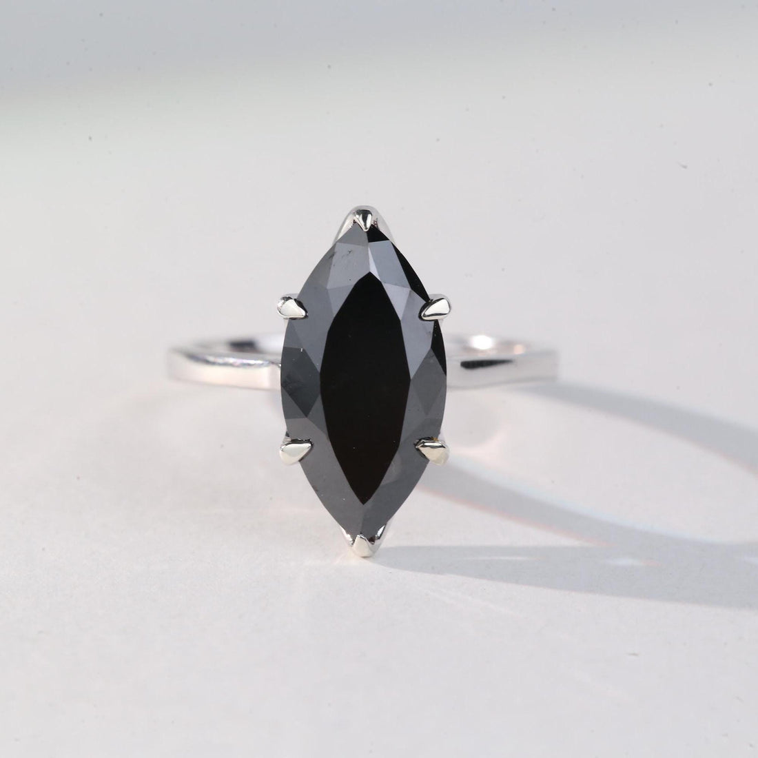 Marquise Cut Black Diamond Ring, Natural Diamond 14K White Gold Solitaire Wedding Ring