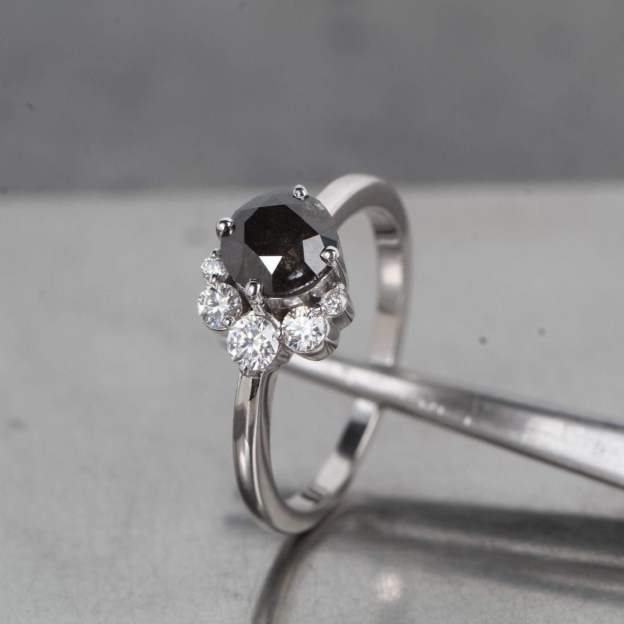 Round Cut Black Diamond Ring, Natural Diamond 14K White Gold Anniversary Ring