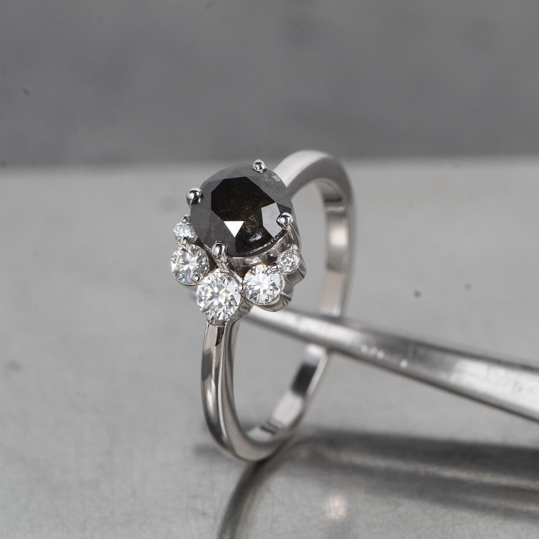 Round Cut Black Diamond Ring, Natural Diamond 14K White Gold Anniversary Ring