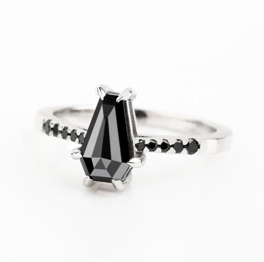 Coffin Cut Black Diamond Ring, Natural Diamond 14K Rose Gold Wedding Ring