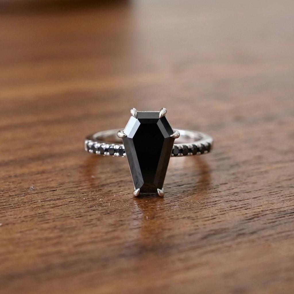 Coffin Cut Black Diamond Ring, Natural Diamond 14K Yellow Gold Promise Ring