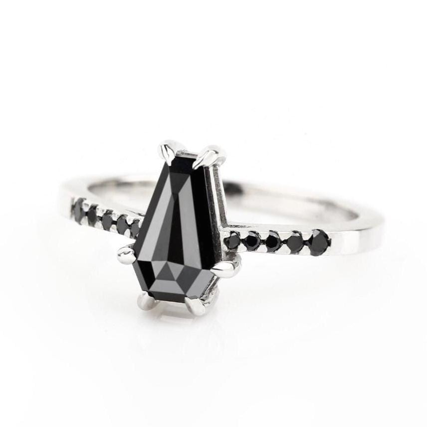 Coffin Cut Black Diamond Ring, Natural Diamond 14K Rose Gold Wedding Ring