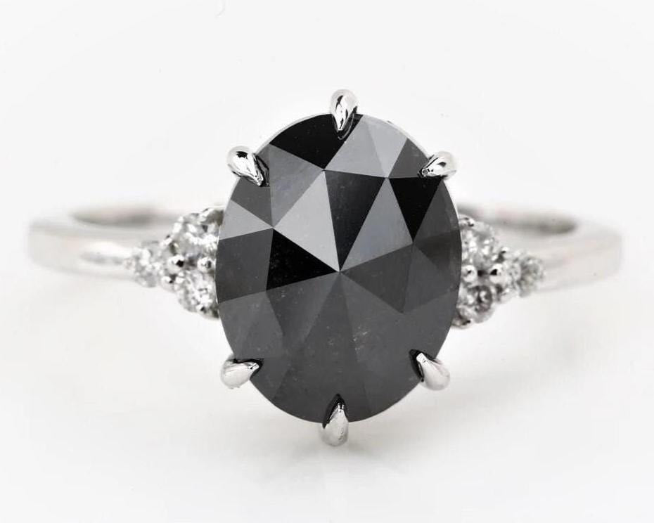 Oval Cut Black Diamond Ring, Natural Diamond 14K Rose Gold Promise Ring