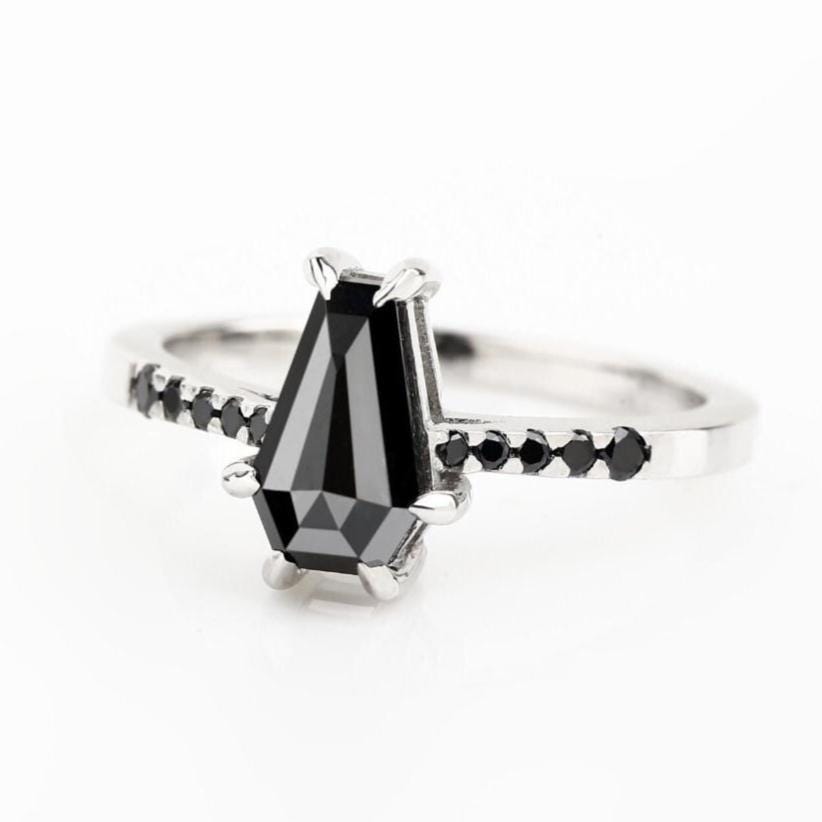 Coffin Cut Black Diamond Ring, Natural Diamond 14K Rose Gold Wedding Ring