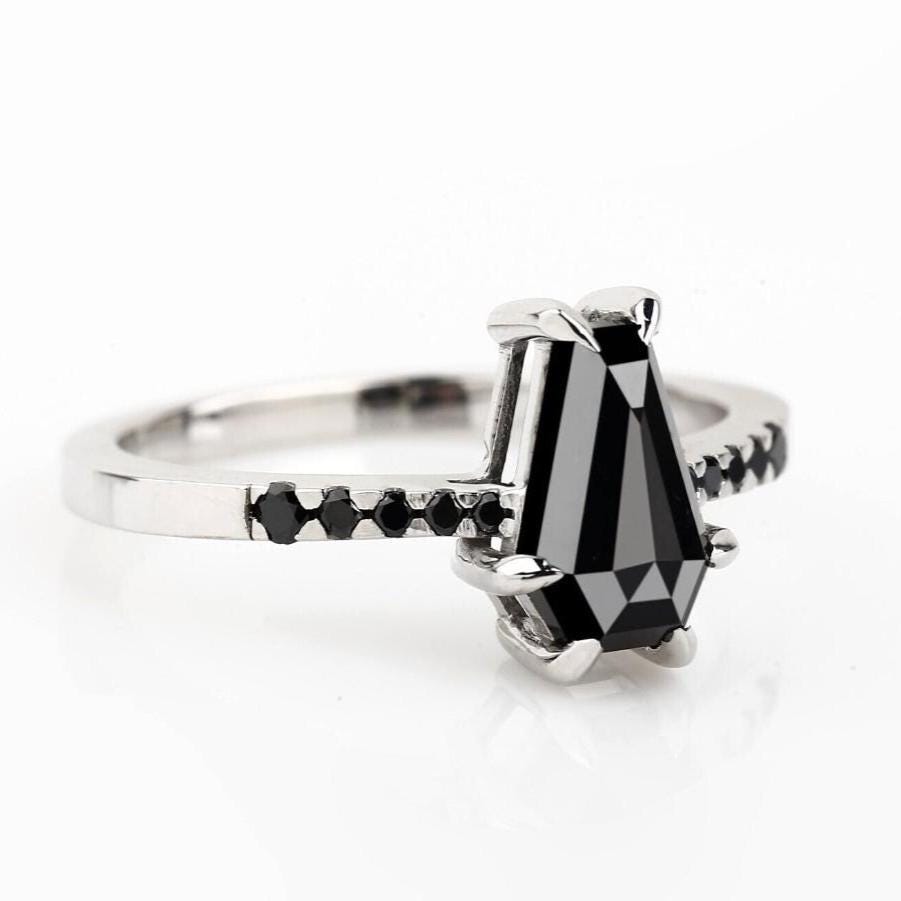 Coffin Cut Black Diamond Ring, Natural Diamond 14K Rose Gold Wedding Ring