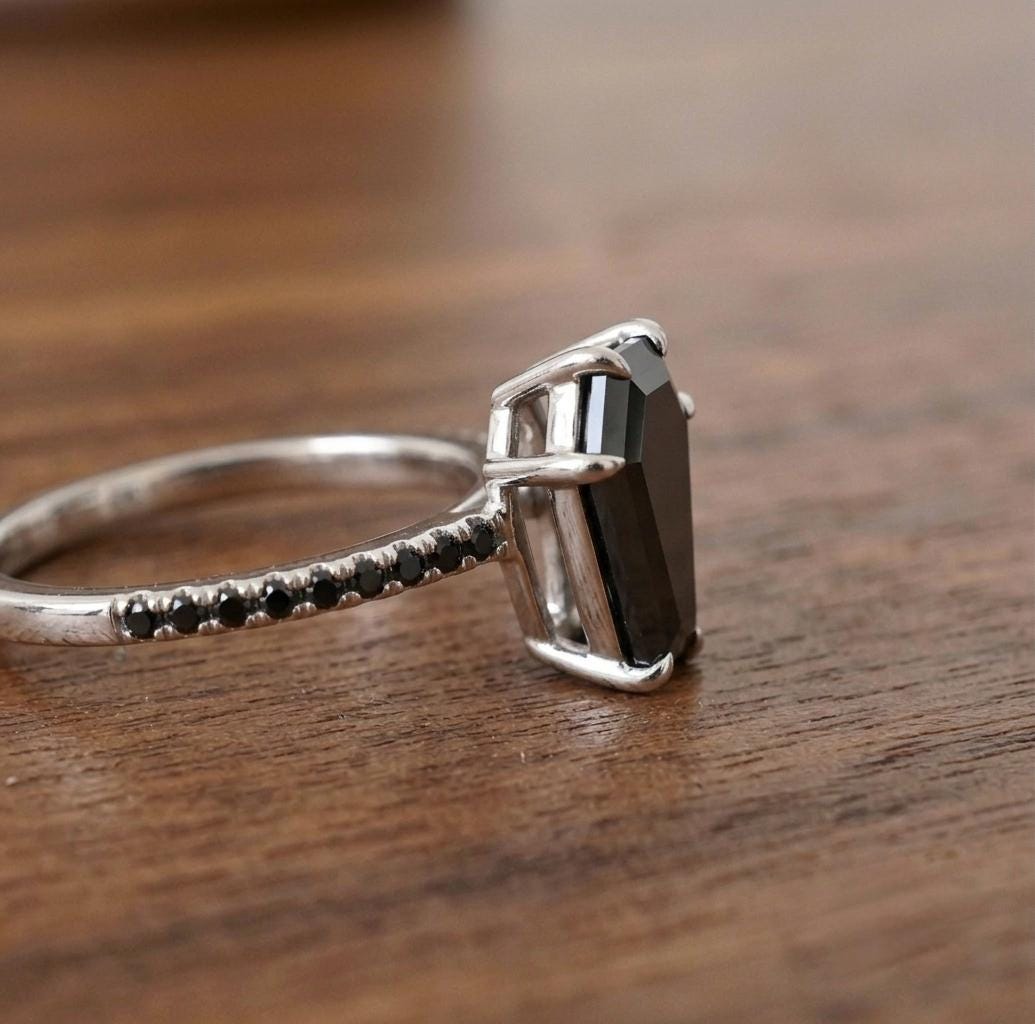 Coffin Cut Black Diamond Ring, Natural Diamond 14K Yellow Gold Promise Ring