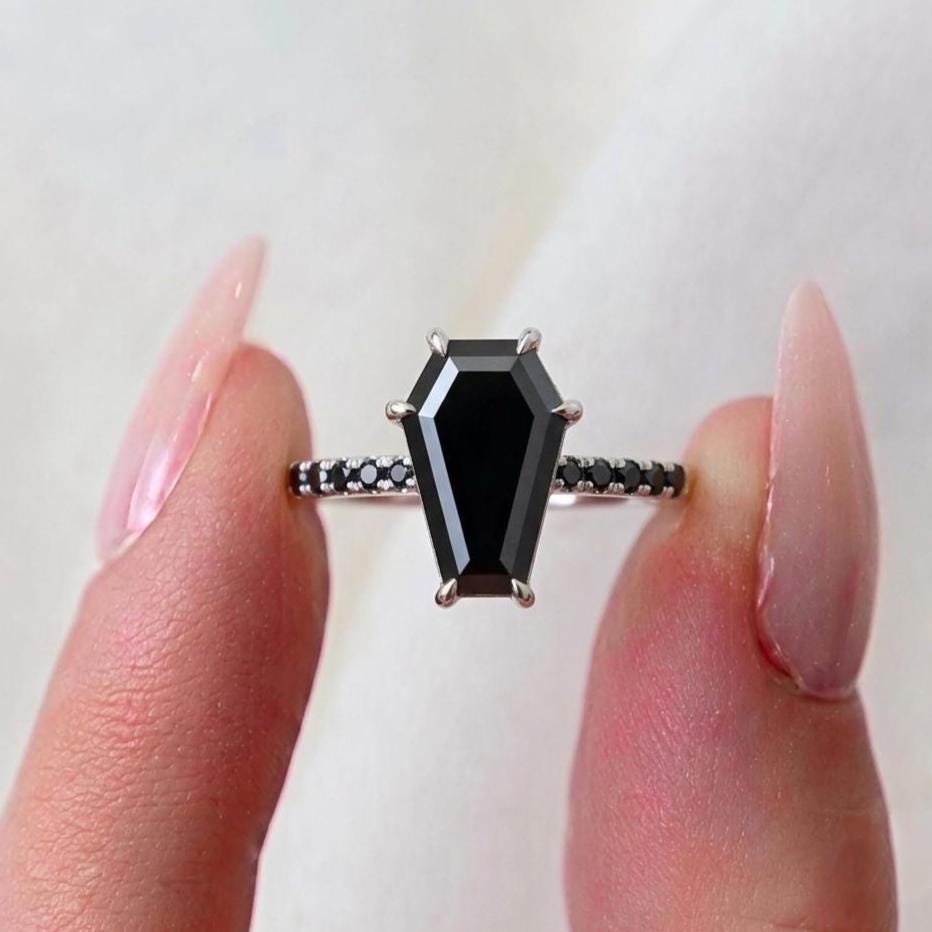 Coffin Cut Black Diamond Ring, Natural Diamond 14K Yellow Gold Promise Ring