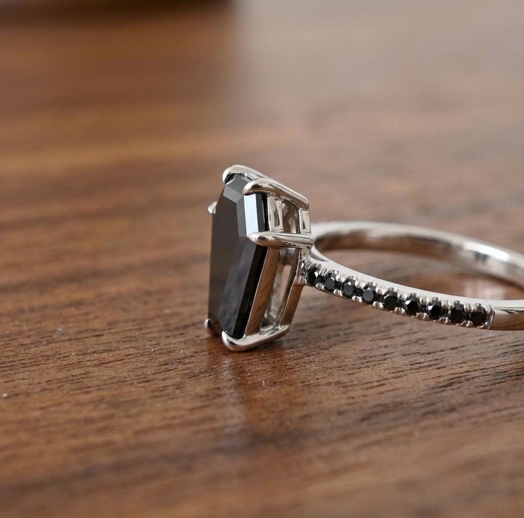 Coffin Cut Black Diamond Ring, Natural Diamond 14K Yellow Gold Promise Ring