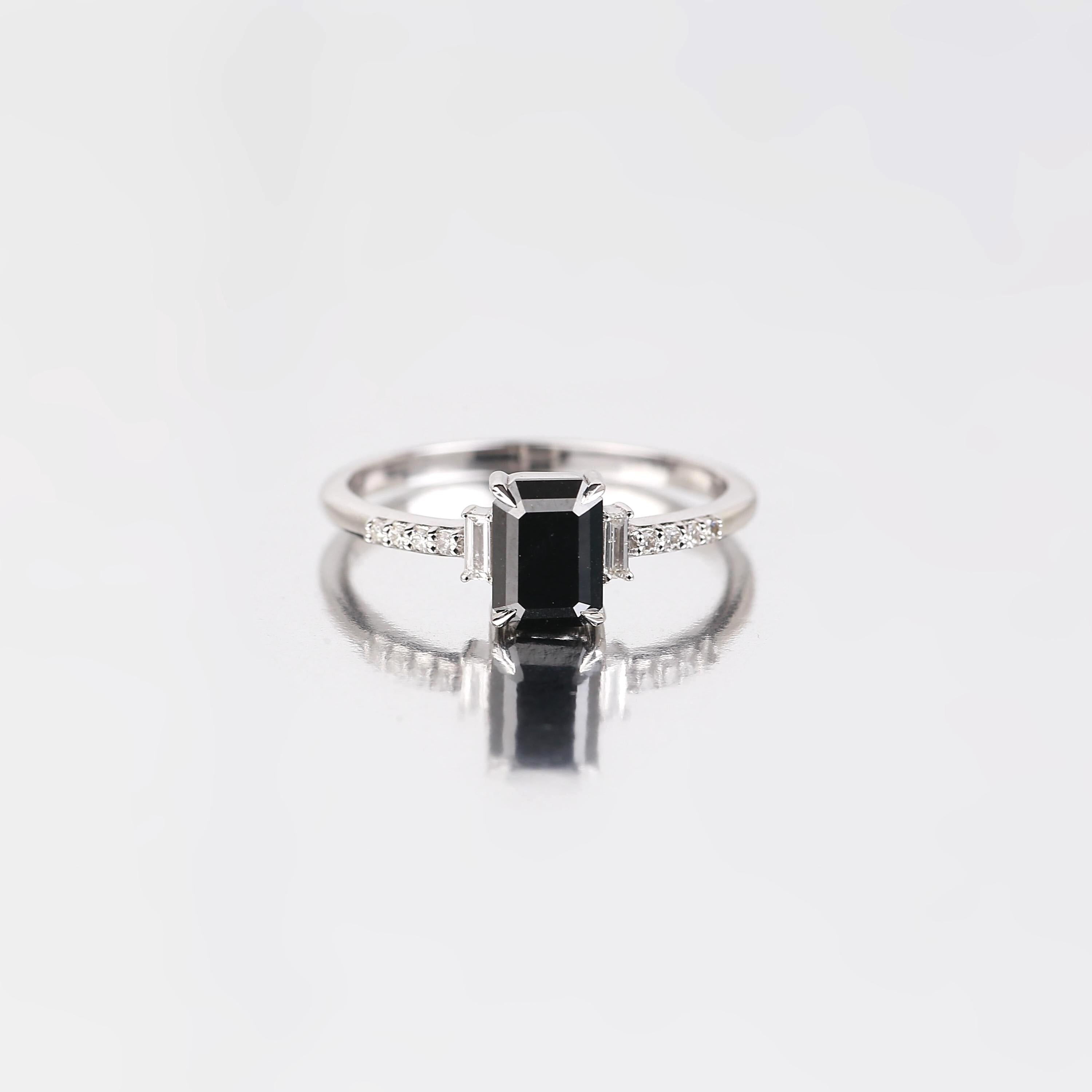 Baguette Cut Black Diamond Ring, Natural Black Diamond 14K White Gold Anniversary Ring