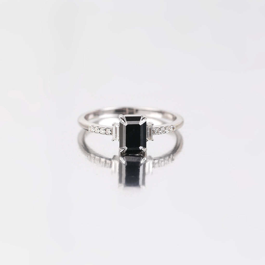 Baguette Cut Black Diamond Ring, Natural Black Diamond 14K White Gold Anniversary Ring