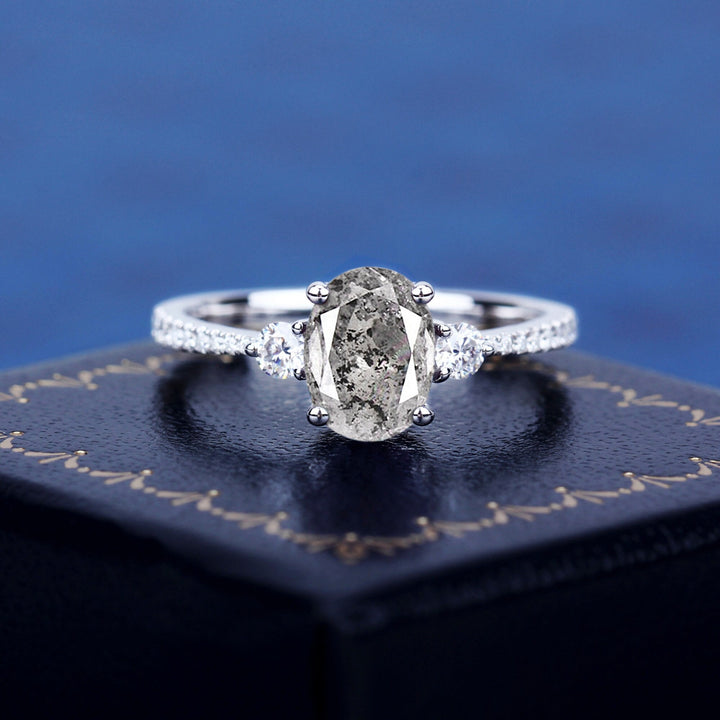 14K Rose Gold Grey Oval Cut Salt & Pepper Natural Diamond Wedding Ring
