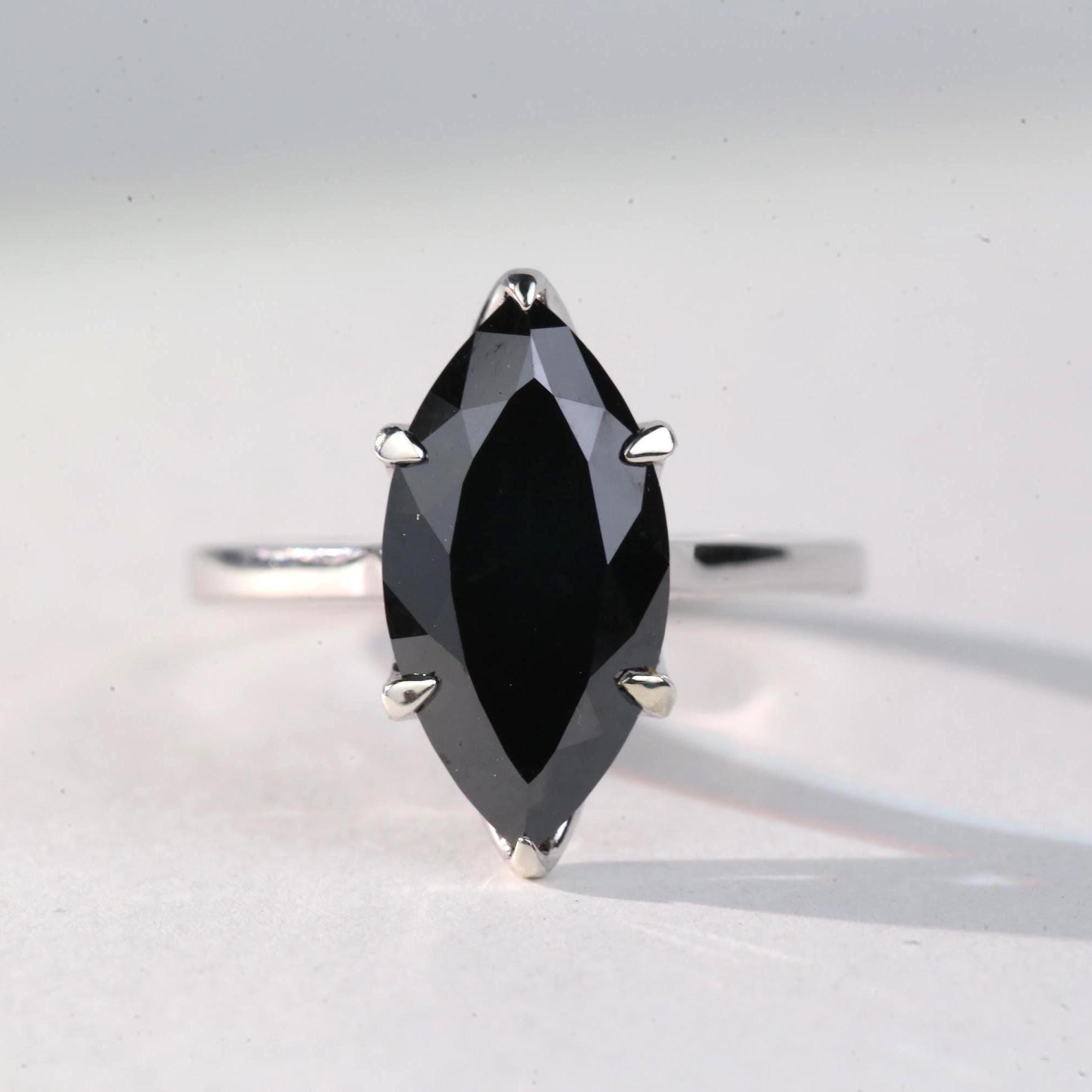 Marquise Cut Black Diamond Ring, Natural Diamond 14K White Gold Solitaire Wedding Ring