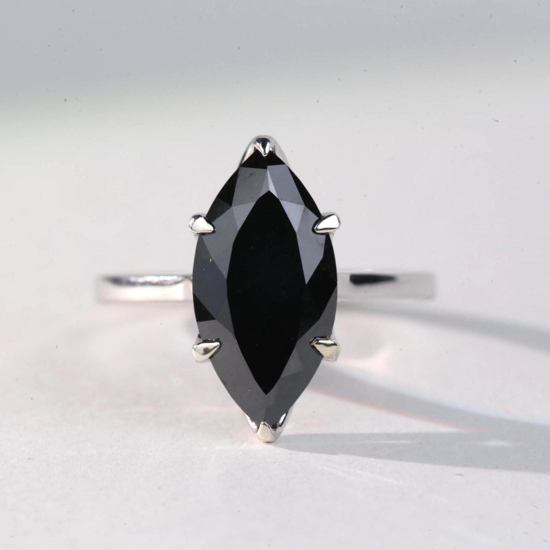 Marquise Cut Black Diamond Ring, Natural Diamond 14K White Gold Solitaire Wedding Ring
