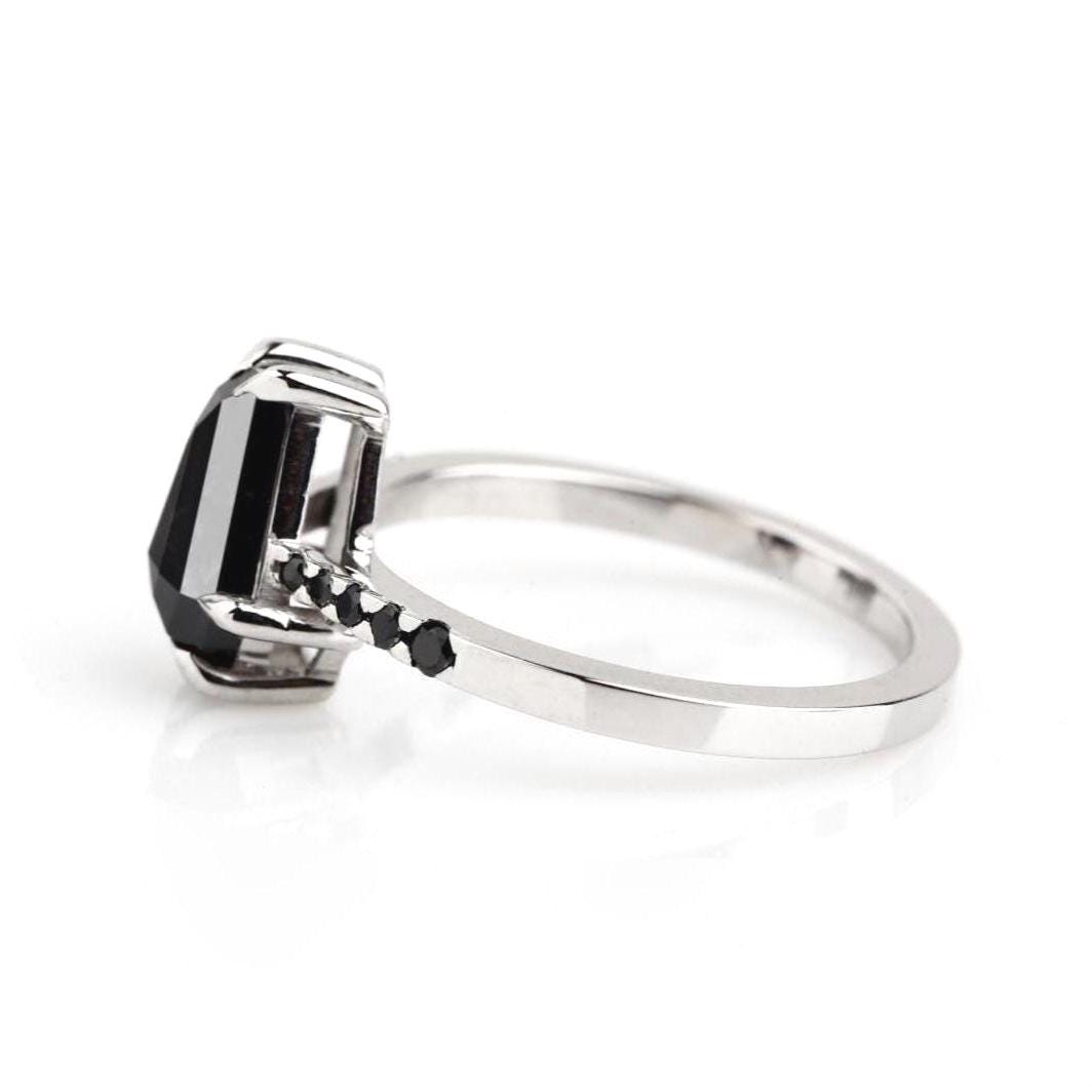 Coffin Cut Black Diamond Ring, Natural Diamond 14K Rose Gold Wedding Ring