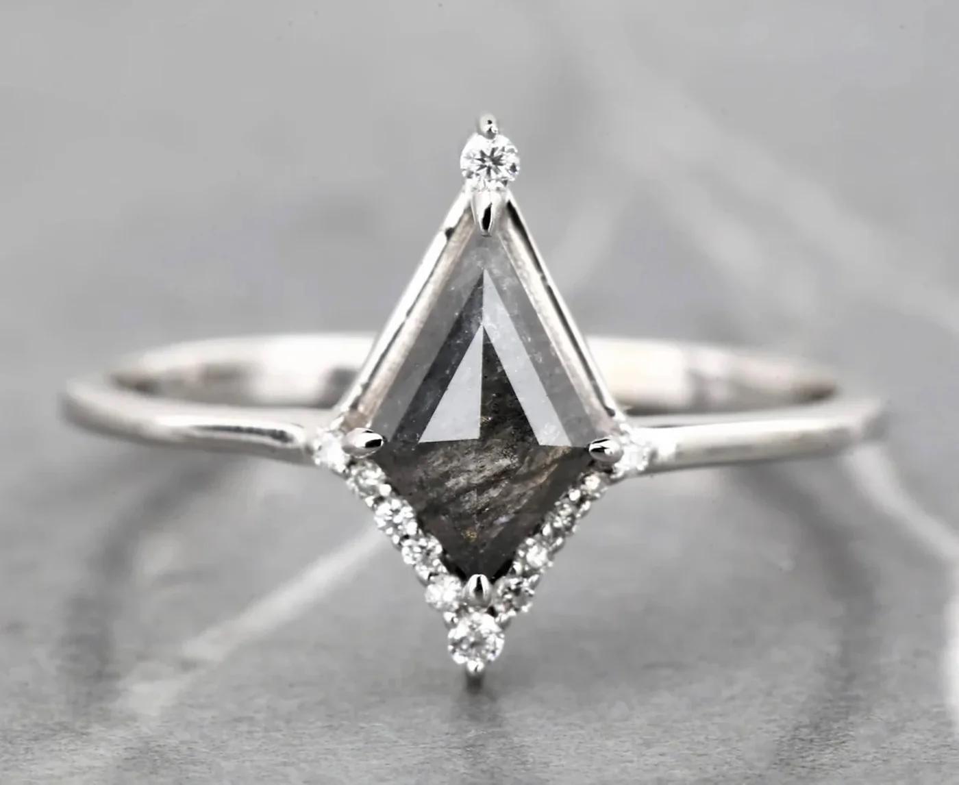 Kite Cut Grey Salt and Pepper Natural Diamond, 14K White Gold Wedding Ring