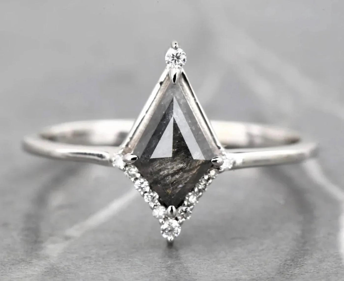 Kite Cut Grey Salt and Pepper Natural Diamond, 14K White Gold Wedding Ring