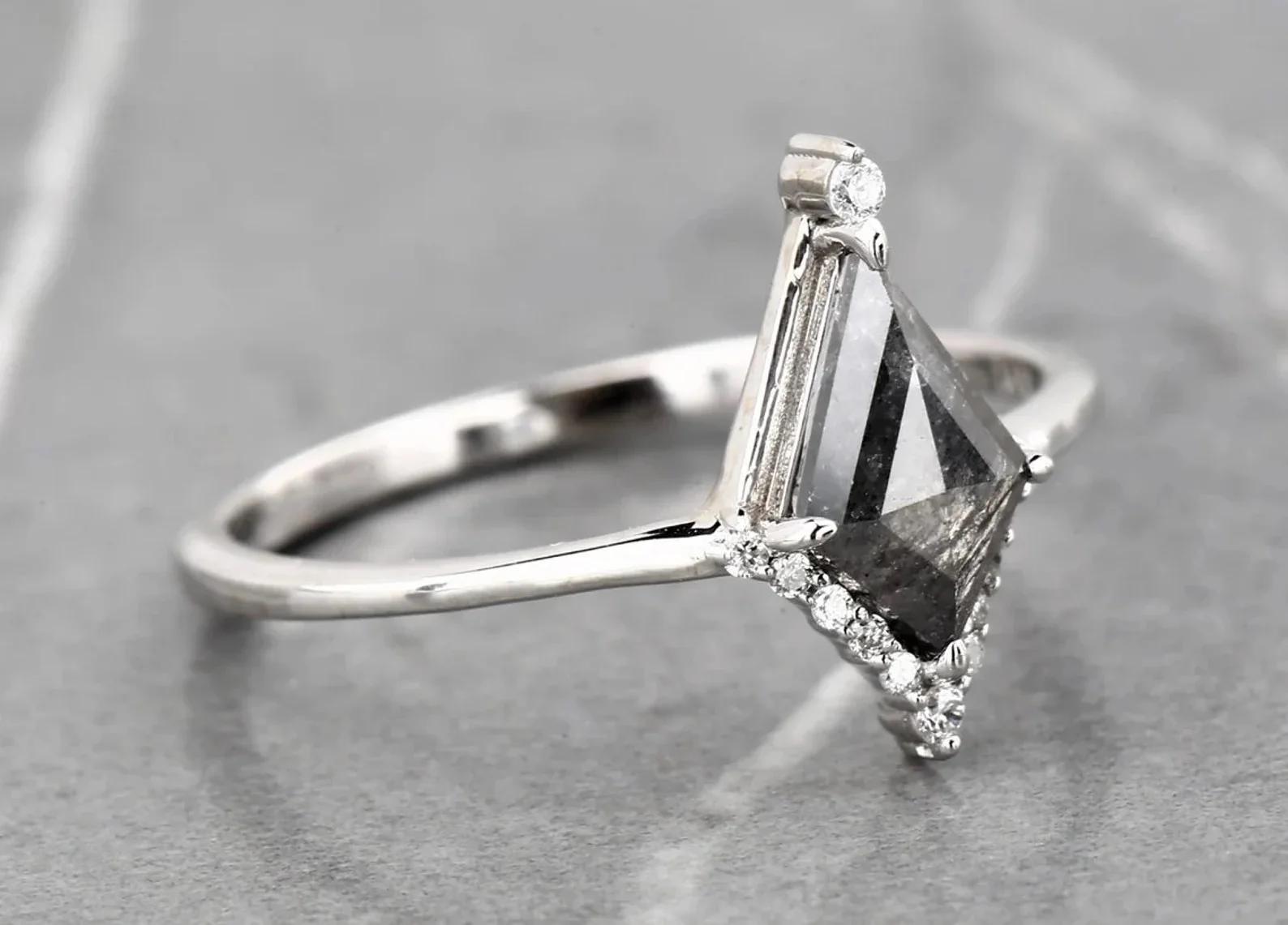 Kite Cut Grey Salt and Pepper Natural Diamond, 14K White Gold Wedding Ring