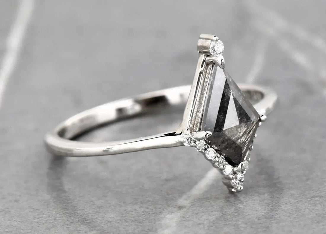 Kite Cut Grey Salt and Pepper Natural Diamond, 14K White Gold Wedding Ring