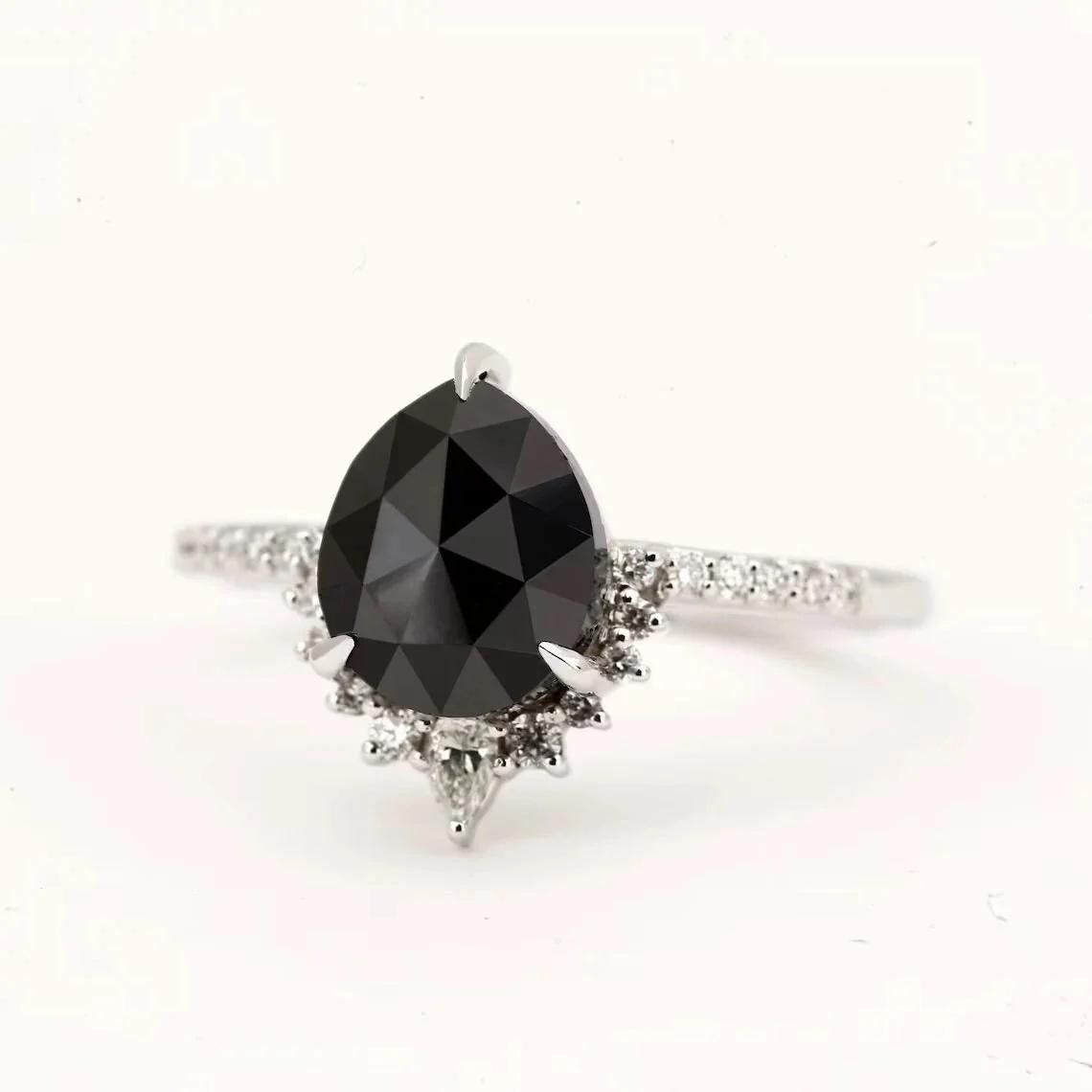 Pear Cut Black Diamond Ring, Natural Black Diamond 14K White Gold Engagement Ring