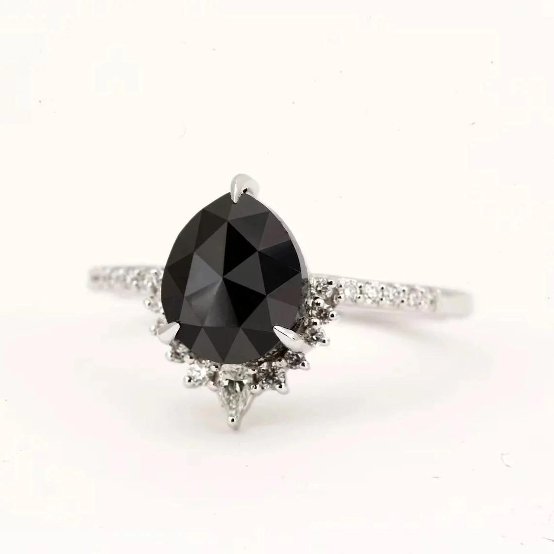 Pear Cut Black Diamond Ring, Natural Black Diamond 14K White Gold Engagement Ring