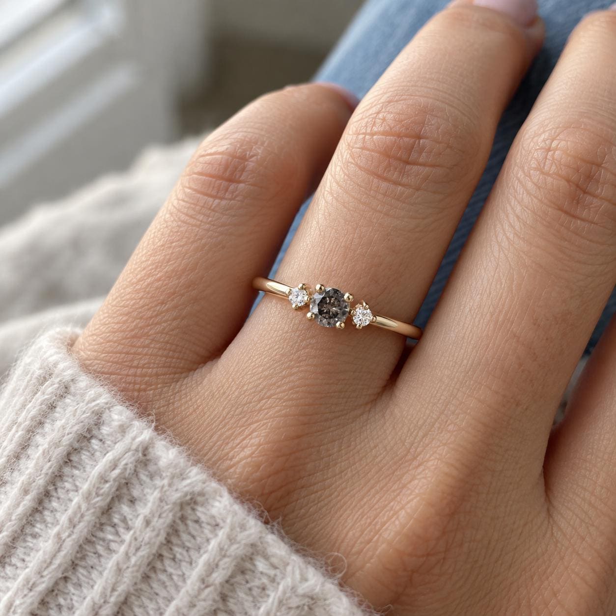 14K White Gold Grey Salt and Pepper Natural Round Cut Diamond Wedding Ring
