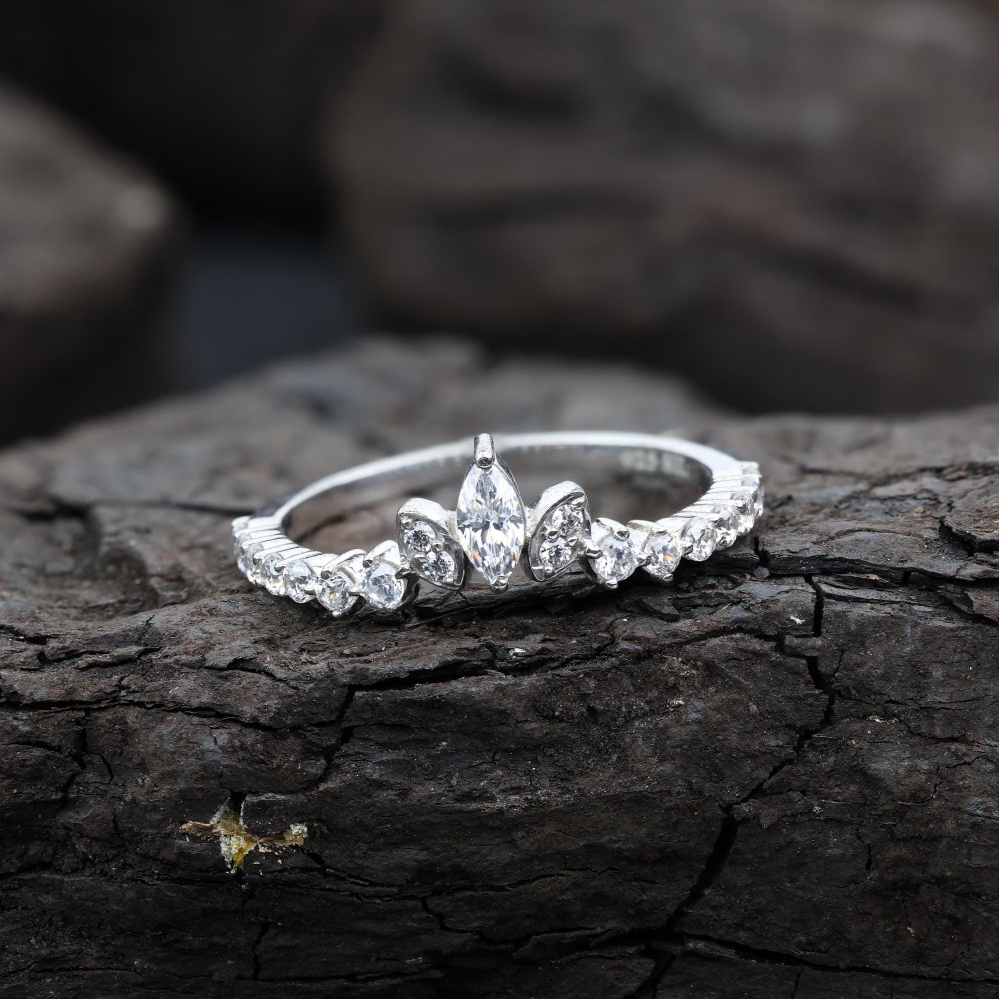 Marquise Cut Grey Salt and Pepper Natural Diamond, 14K White Gold Engagement Ring
