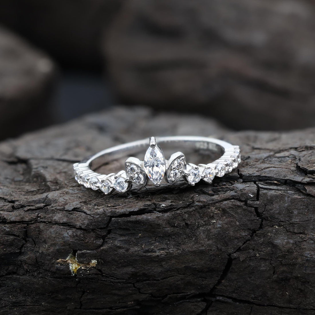 Marquise Cut Grey Salt and Pepper Natural Diamond, 14K White Gold Engagement Ring