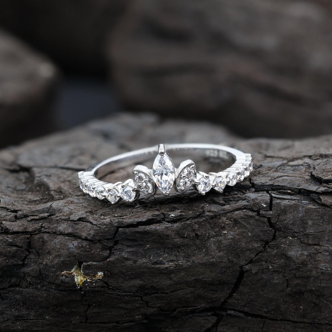 Marquise Cut Grey Salt and Pepper Natural Diamond, 14K White Gold Engagement Ring