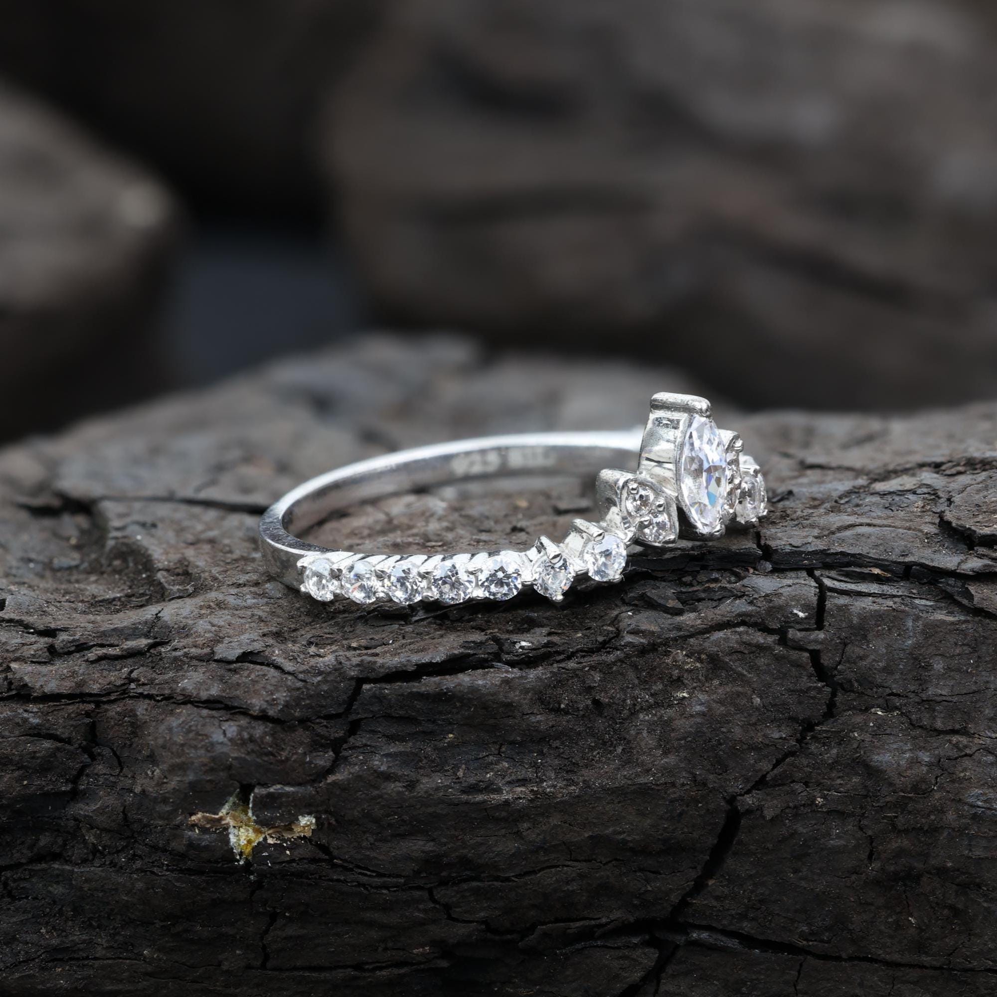 Marquise Cut Grey Salt and Pepper Natural Diamond, 14K White Gold Engagement Ring