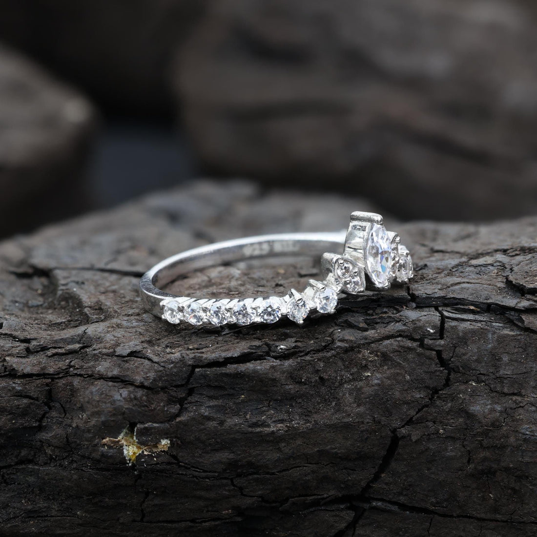 Marquise Cut Grey Salt and Pepper Natural Diamond, 14K White Gold Engagement Ring