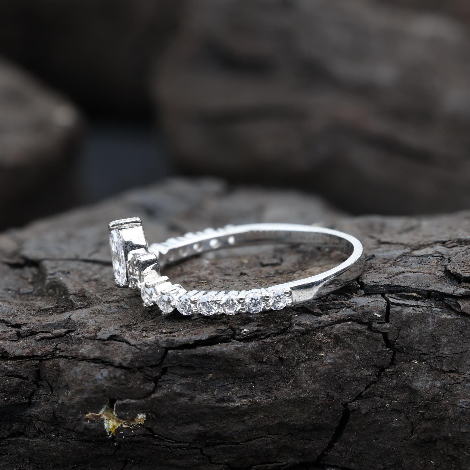 Marquise Cut Grey Salt and Pepper Natural Diamond, 14K White Gold Engagement Ring