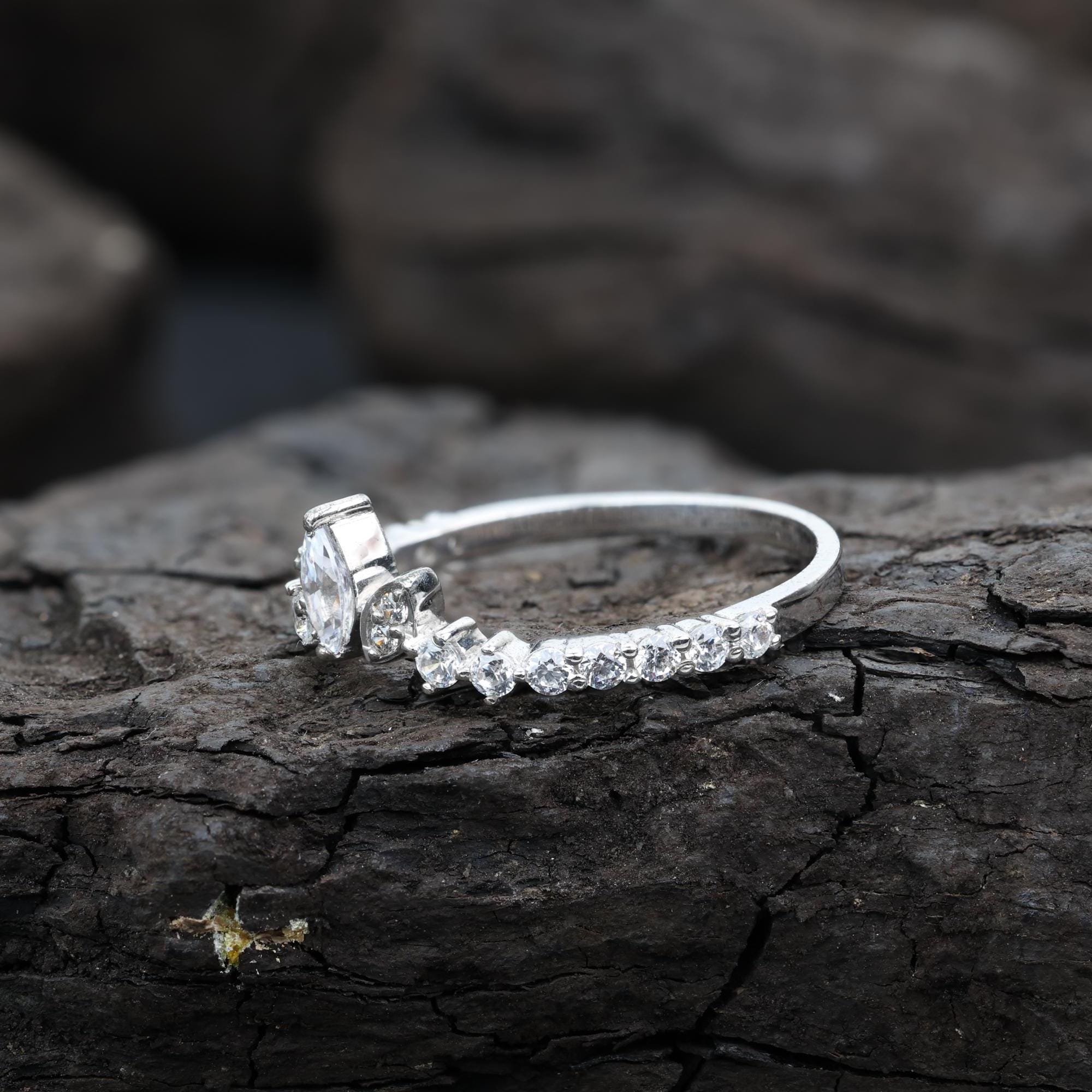 Marquise Cut Grey Salt and Pepper Natural Diamond, 14K White Gold Engagement Ring