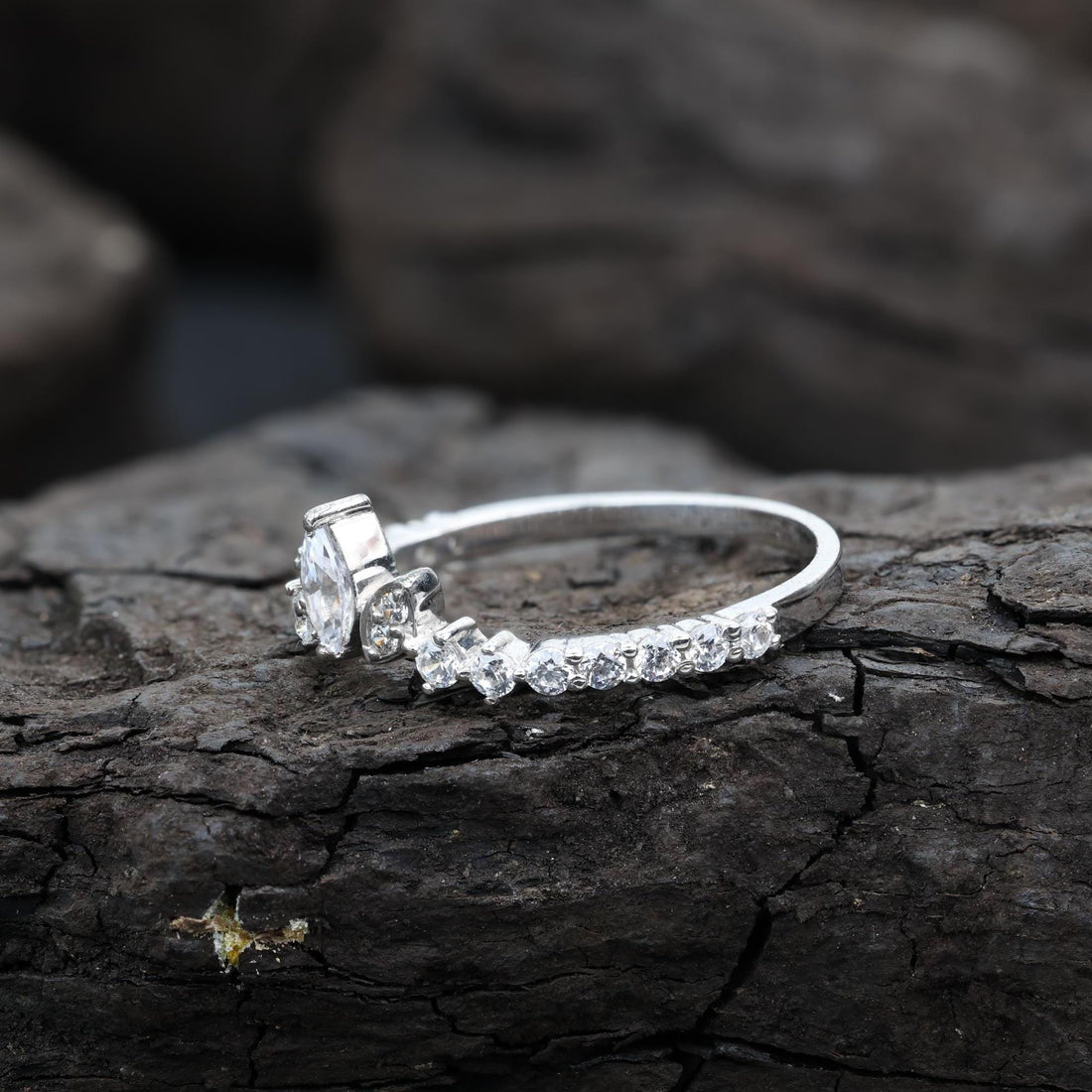 Marquise Cut Grey Salt and Pepper Natural Diamond, 14K White Gold Engagement Ring