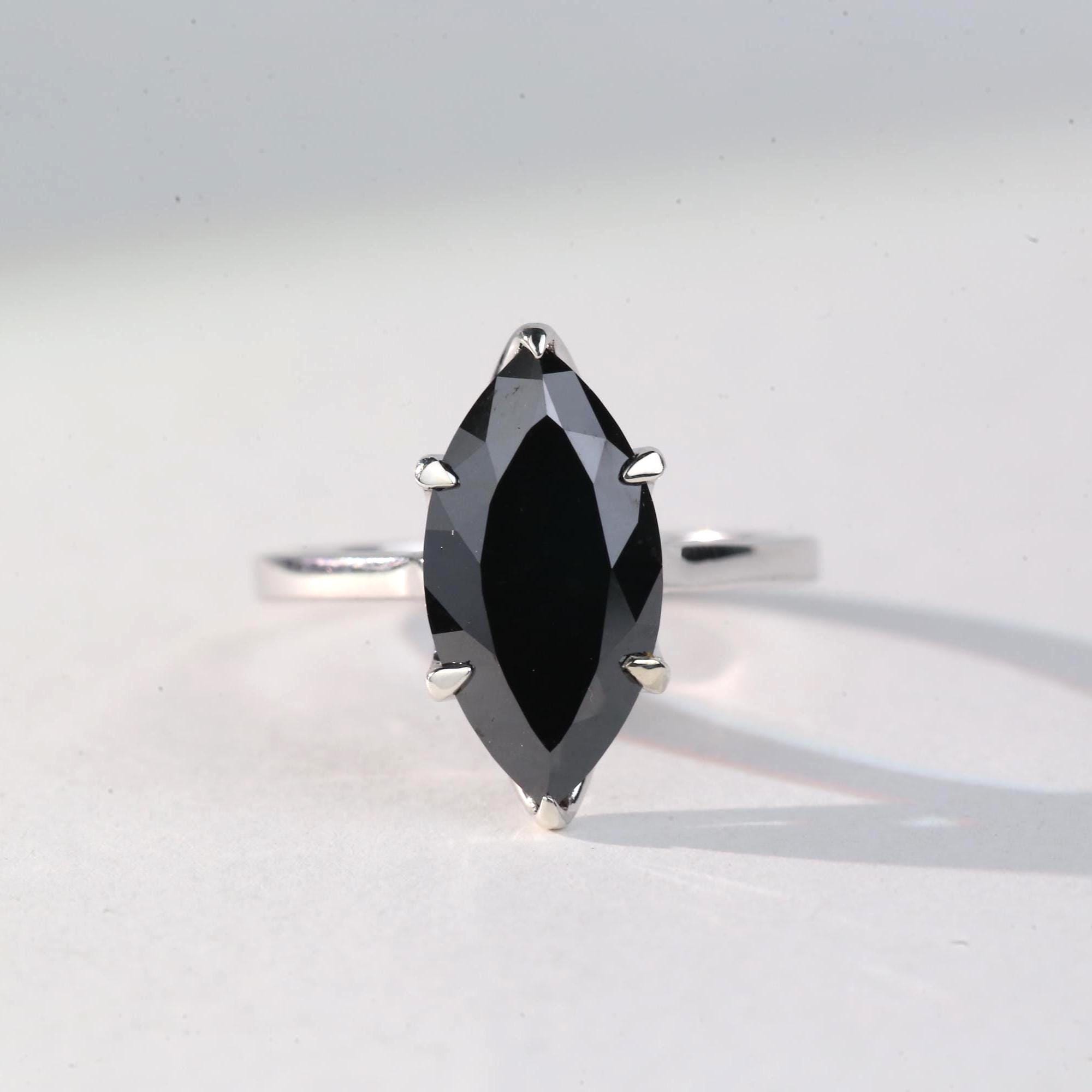 Marquise Cut Black Diamond Ring, Natural Diamond 14K White Gold Solitaire Wedding Ring