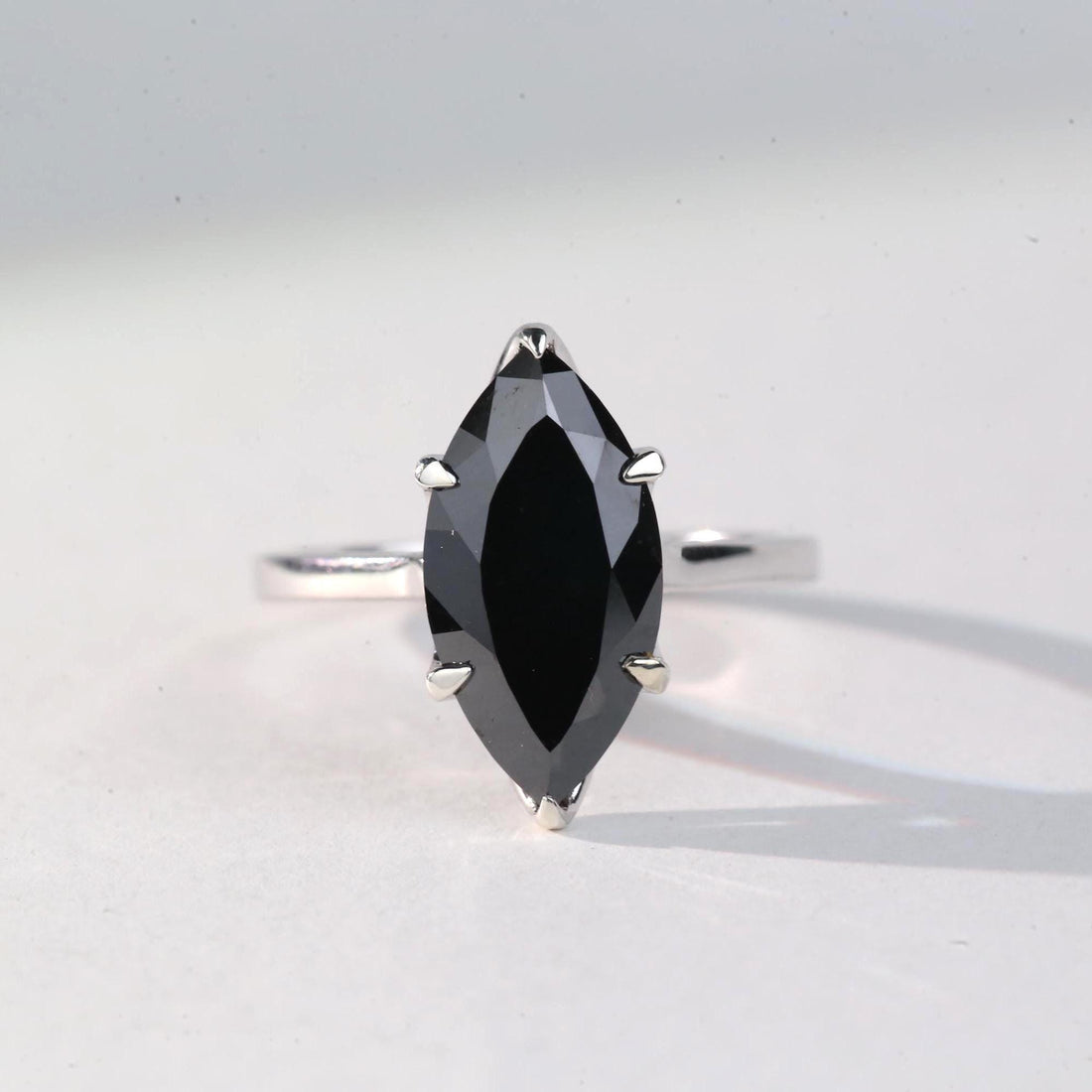 Marquise Cut Black Diamond Ring, Natural Diamond 14K White Gold Solitaire Wedding Ring