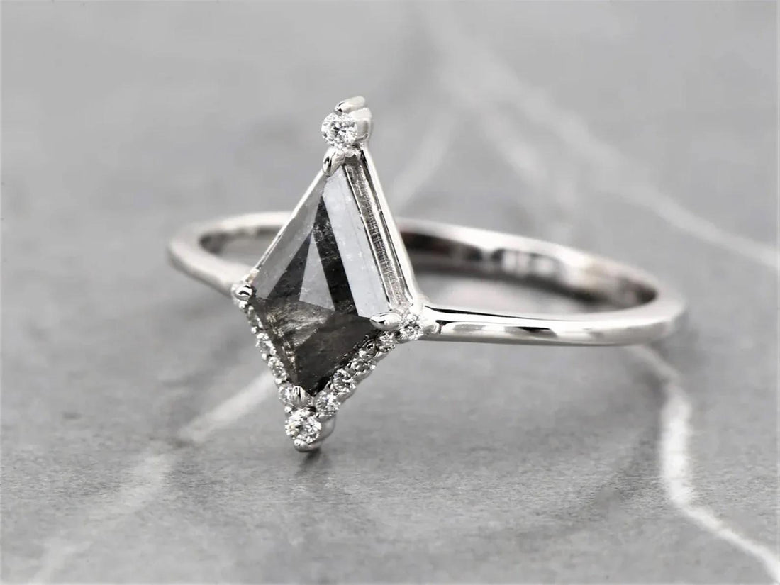 Kite Cut Grey Salt and Pepper Natural Diamond, 14K White Gold Wedding Ring