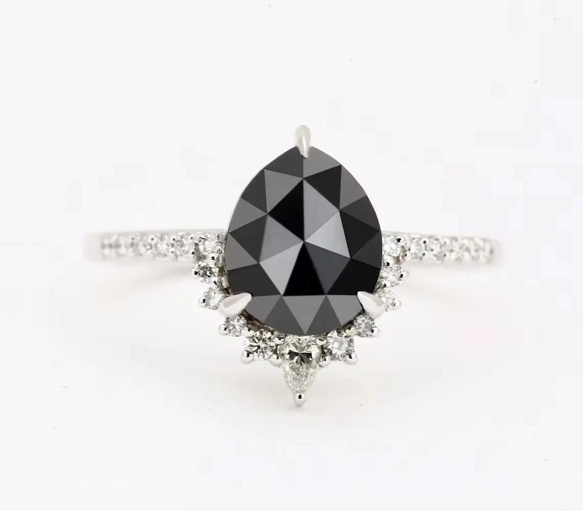 Pear Cut Black Diamond Ring, Natural Black Diamond 14K White Gold Engagement Ring