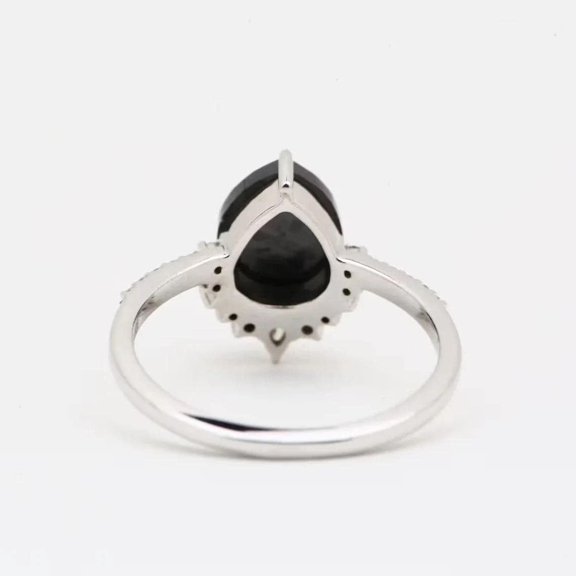 Pear Cut Black Diamond Ring, Natural Black Diamond 14K White Gold Engagement Ring