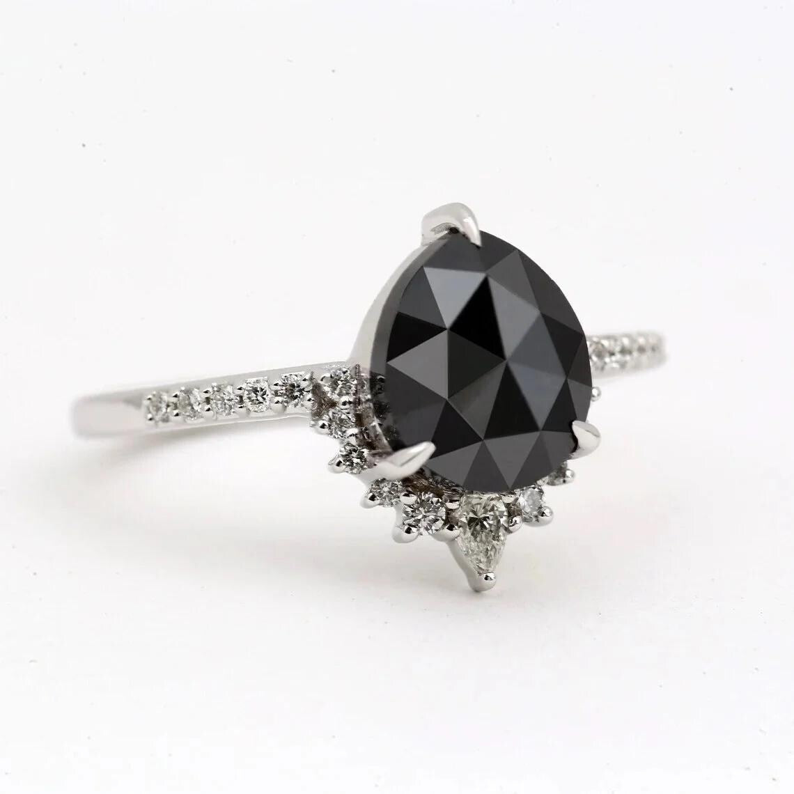 Pear Cut Black Diamond Ring, Natural Black Diamond 14K White Gold Engagement Ring