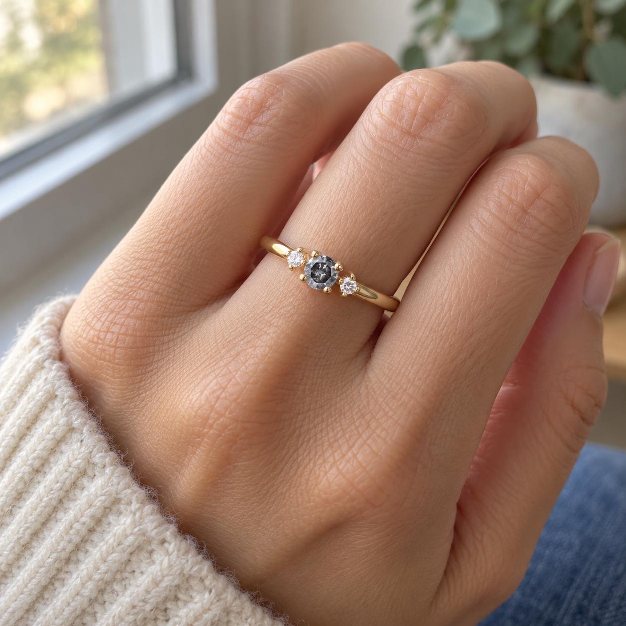 14K White Gold Grey Salt and Pepper Natural Round Cut Diamond Wedding Ring