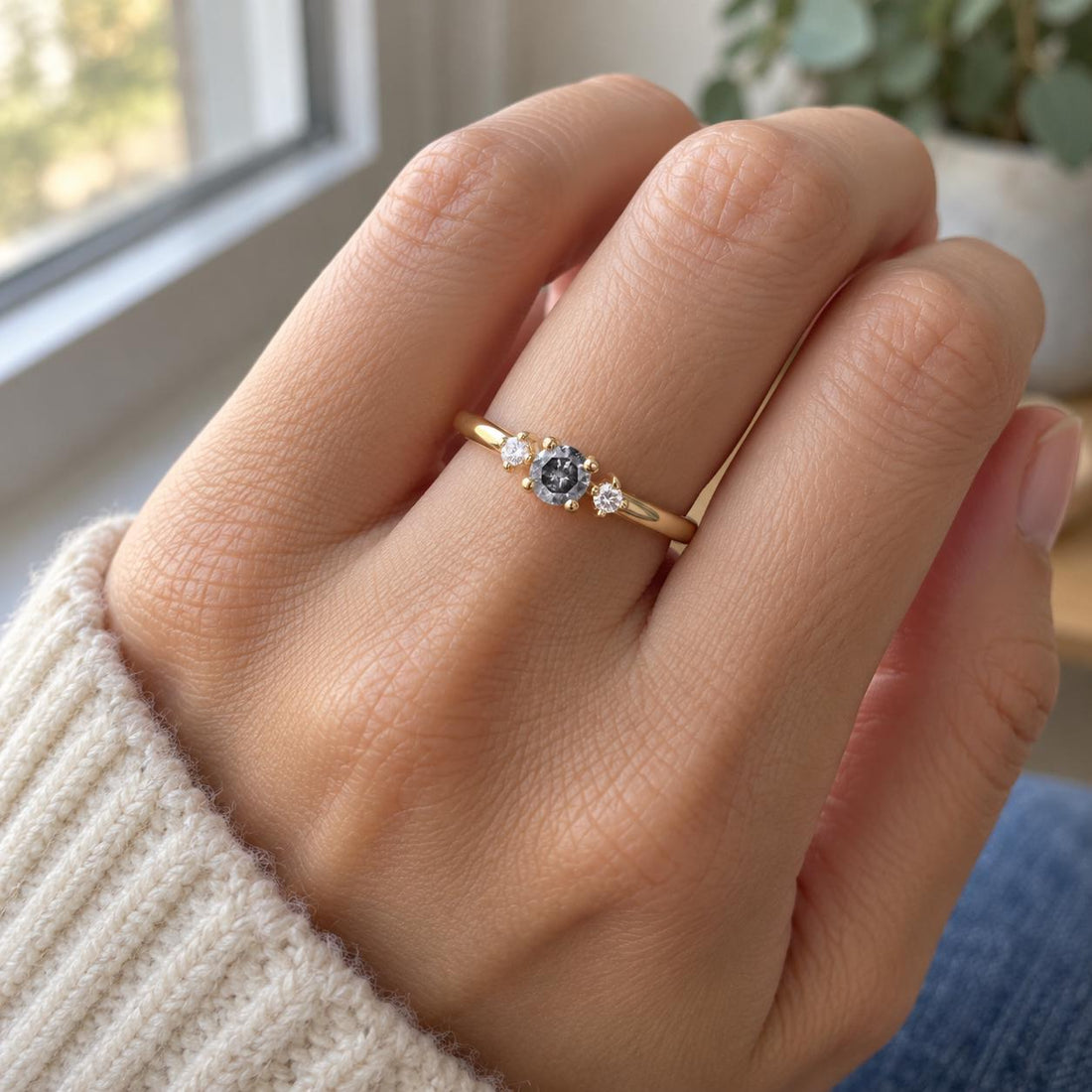 14K White Gold Grey Salt and Pepper Natural Round Cut Diamond Wedding Ring