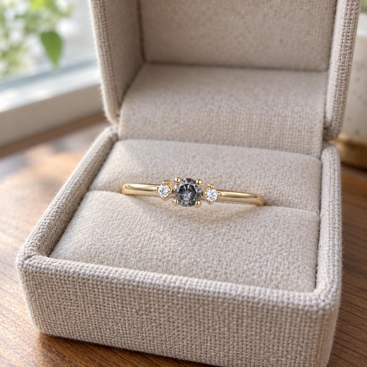14K White Gold Grey Salt and Pepper Natural Round Cut Diamond Wedding Ring